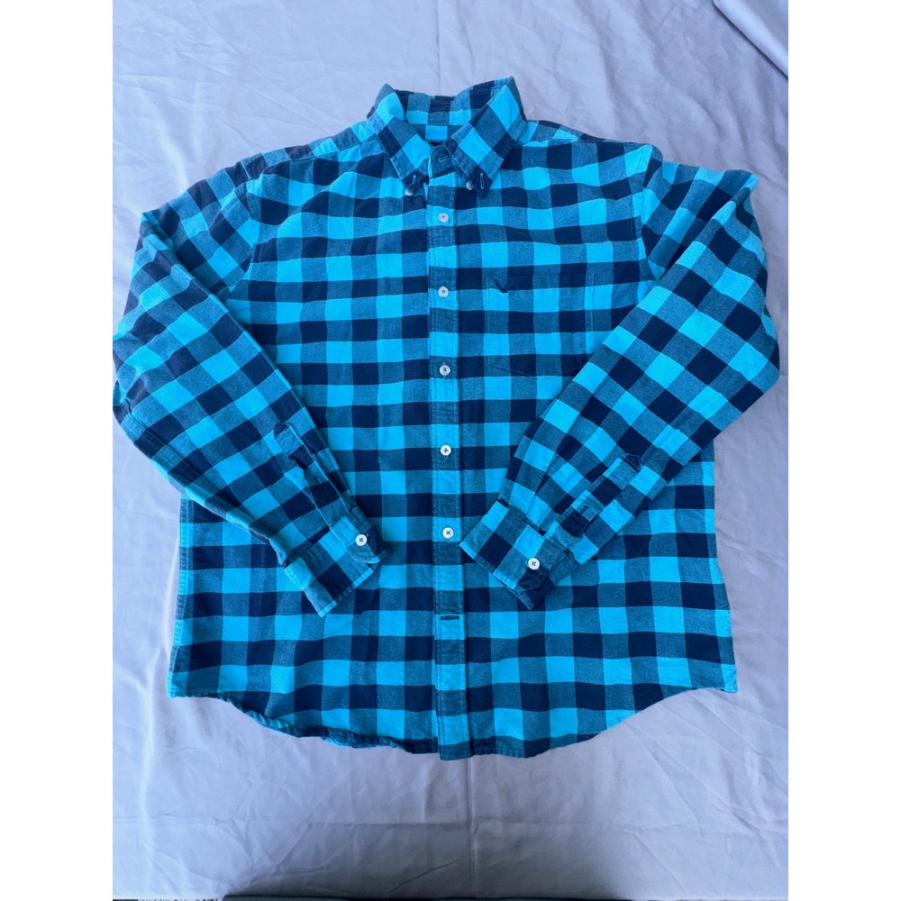 American Eagle Mens Buffalo Plaid Flannel Shirt Blue Navy Button Down Large